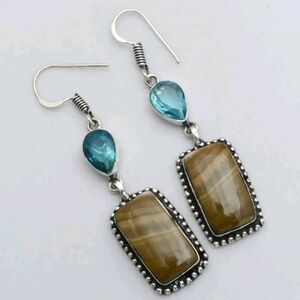 Walnut Jasper, Blue Topaz Gemstone 925 Sterling Silver Handmade Dangle Earrings